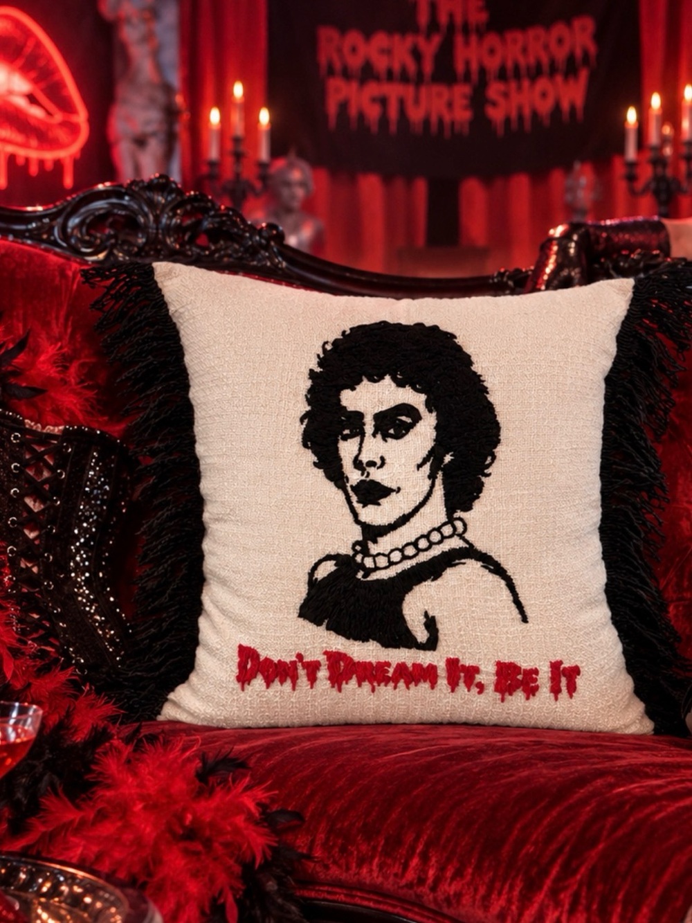 Hand Embroidered Rocky Horror Themed Fringe Throw Pillow - Tim Curry